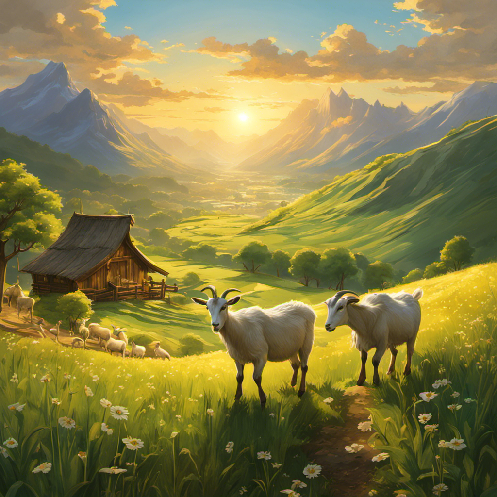 An image showcasing a serene mountain landscape with a rustic wooden churn, surrounded by lush green pastures dotted with goats