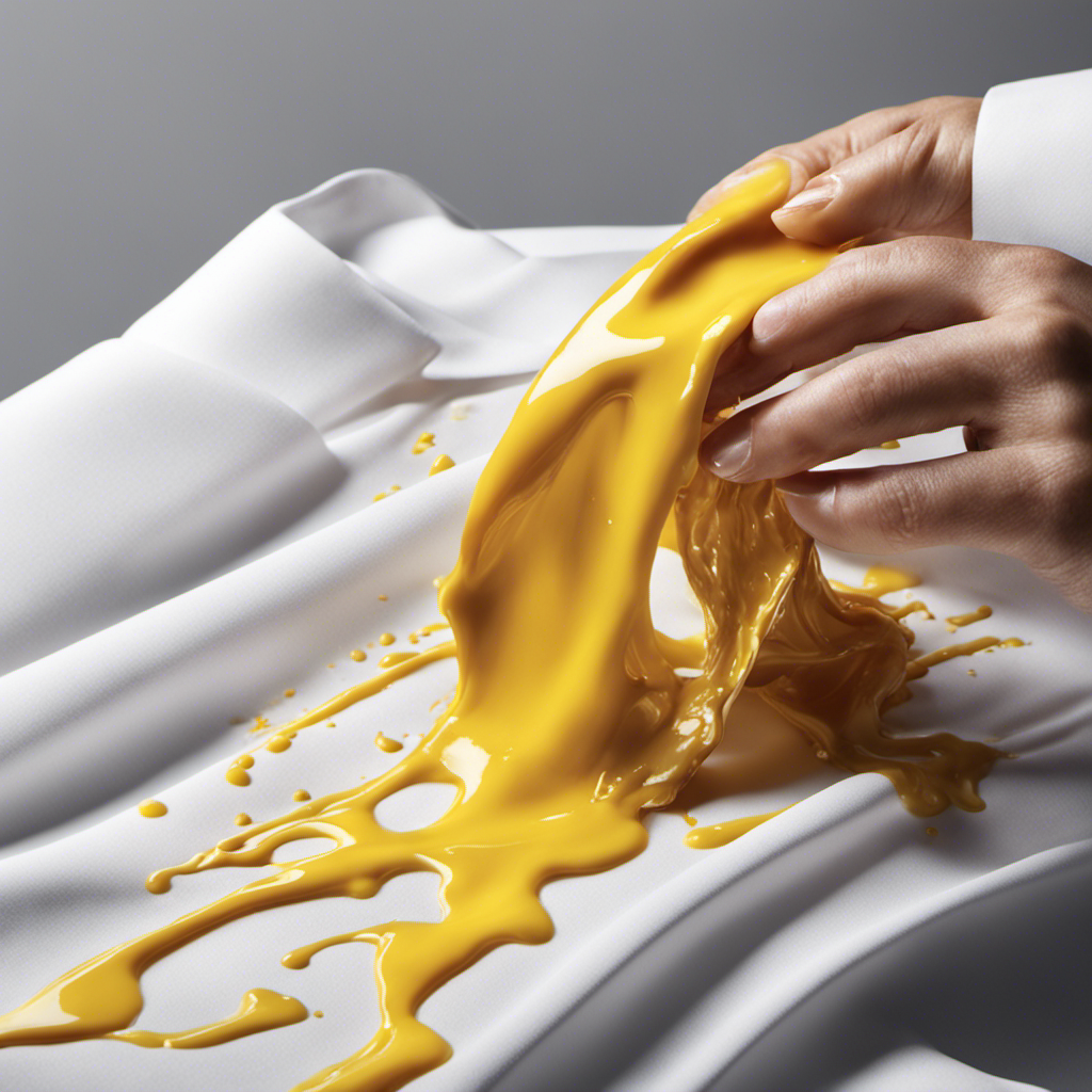 An image showcasing a vibrant, buttery stain spreading across a crisp white shirt