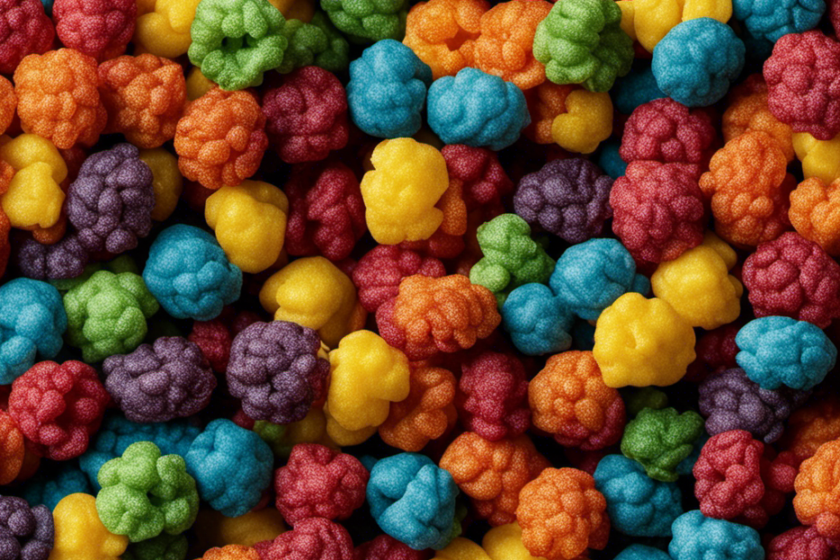 An image showcasing a close-up view of a vibrant, multicolored popcorn kernel pattern firmly embedded in a garment's fabric