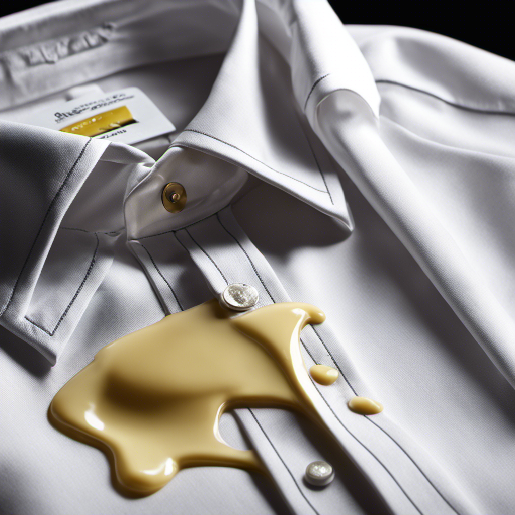 An image showing a close-up view of a pristine white shirt with a large, greasy butter stain on the front