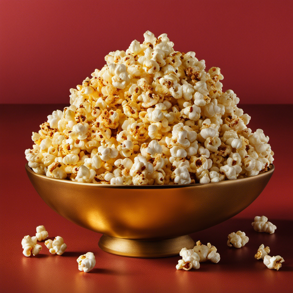 An image showcasing a golden bowl of freshly popped popcorn coated in a tantalizing layer of flavorful seasoning, clinging perfectly to the kernels