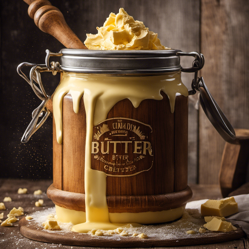 An image depicting a skilled baker effortlessly churning cream in a rustic wooden churn, with golden droplets of freshly made butter cascading into a vintage glass jar, evoking the creamy richness and simplicity of homemade butter