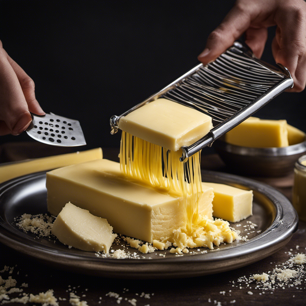 An image capturing the process of grating butter: a hand holding a chilled stick of butter, a metal grater with sharp blades, and thin ribbons of grated butter falling onto a plate