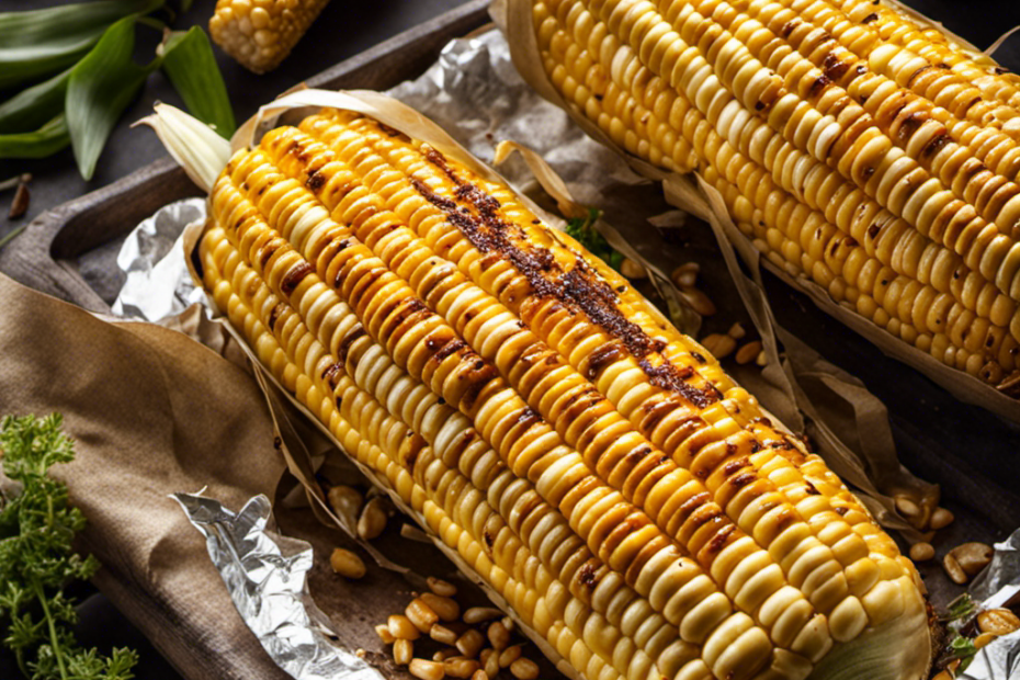 An image showcasing a golden, perfectly grilled corn on the cob, wrapped in foil