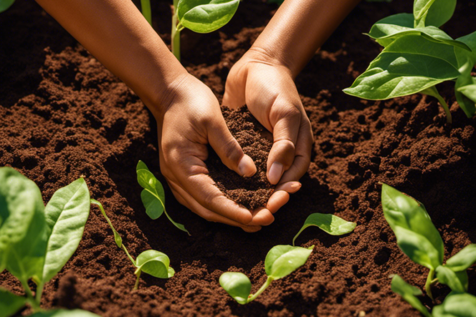 An image showcasing a pair of hands gently planting butter bean seeds in rich brown soil, surrounded by vibrant green leaves, with sunlight filtering through in the background