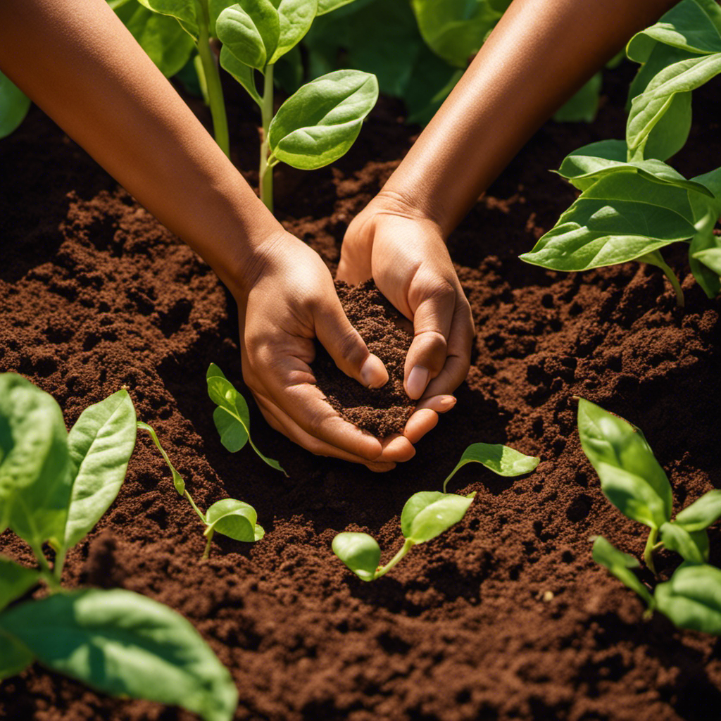 An image showcasing a pair of hands gently planting butter bean seeds in rich brown soil, surrounded by vibrant green leaves, with sunlight filtering through in the background