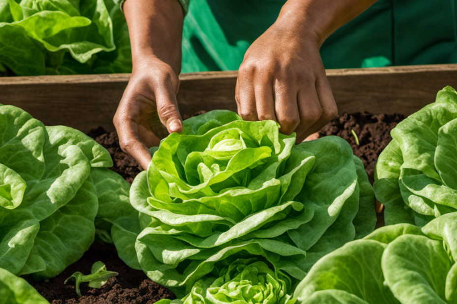 An image capturing the serene process of harvesting butter lettuce: a gloved hand delicately grasping the tender green leaves, sun-kissed dewdrops glistening, and vibrant hues of emerald against a backdrop of a flourishing vegetable garden
