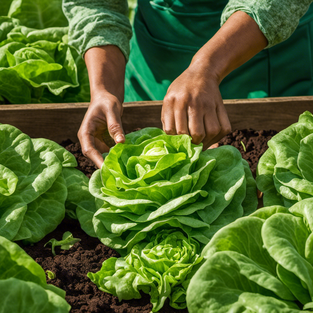 An image capturing the serene process of harvesting butter lettuce: a gloved hand delicately grasping the tender green leaves, sun-kissed dewdrops glistening, and vibrant hues of emerald against a backdrop of a flourishing vegetable garden