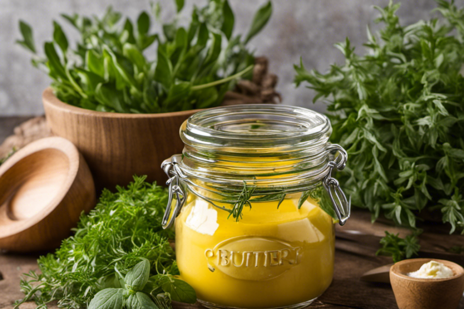 An image that showcases a clear glass jar filled with creamy, golden butter