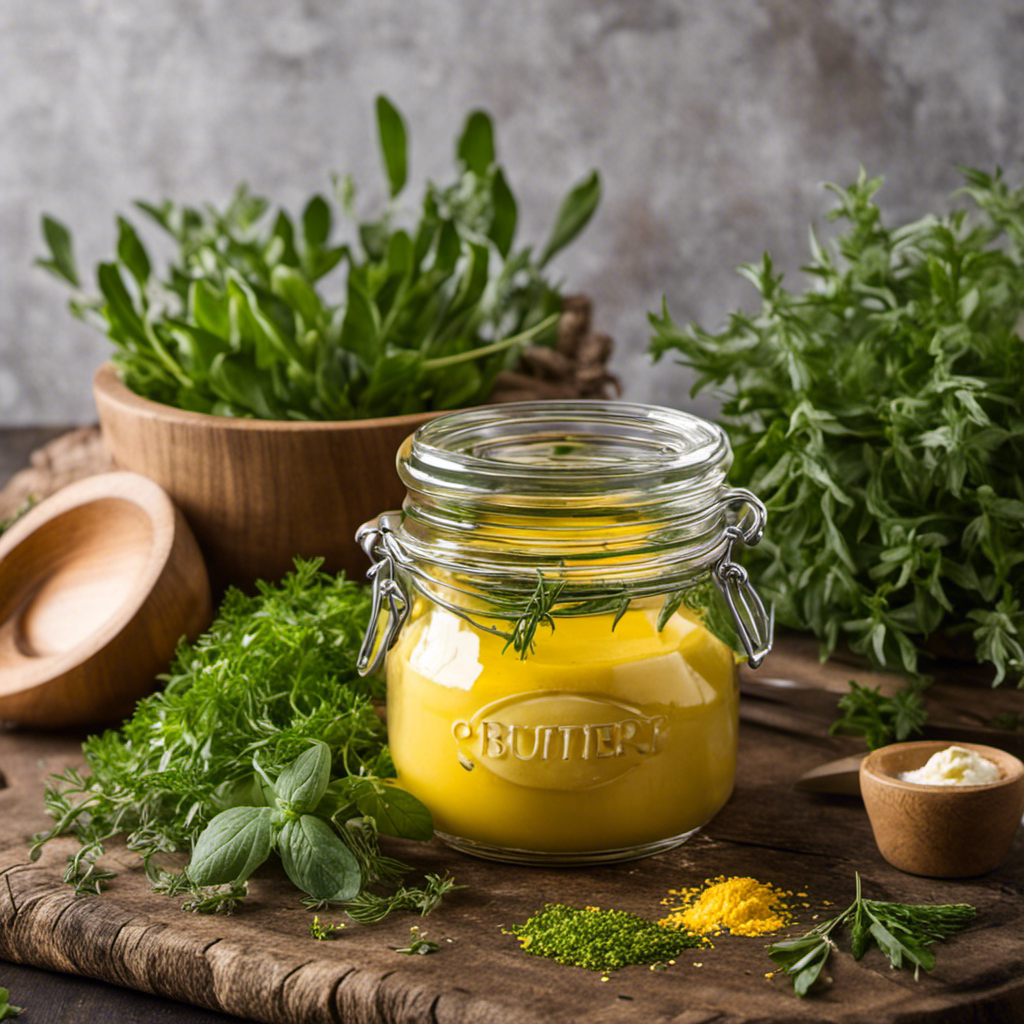 An image that showcases a clear glass jar filled with creamy, golden butter