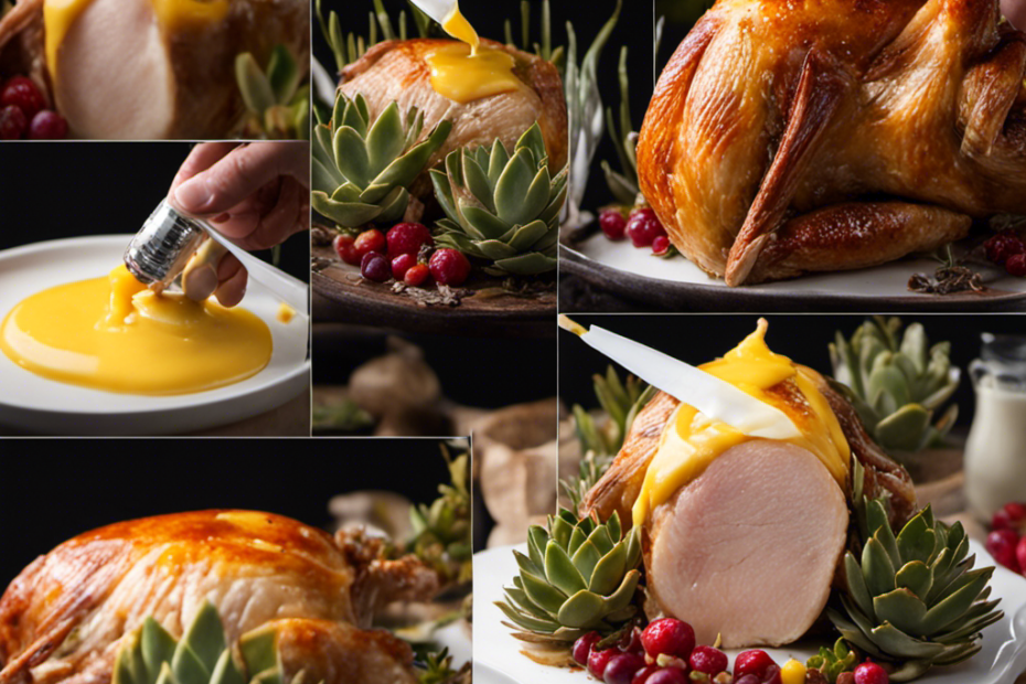 An image showcasing the step-by-step process of injecting a succulent turkey with rich and creamy butter