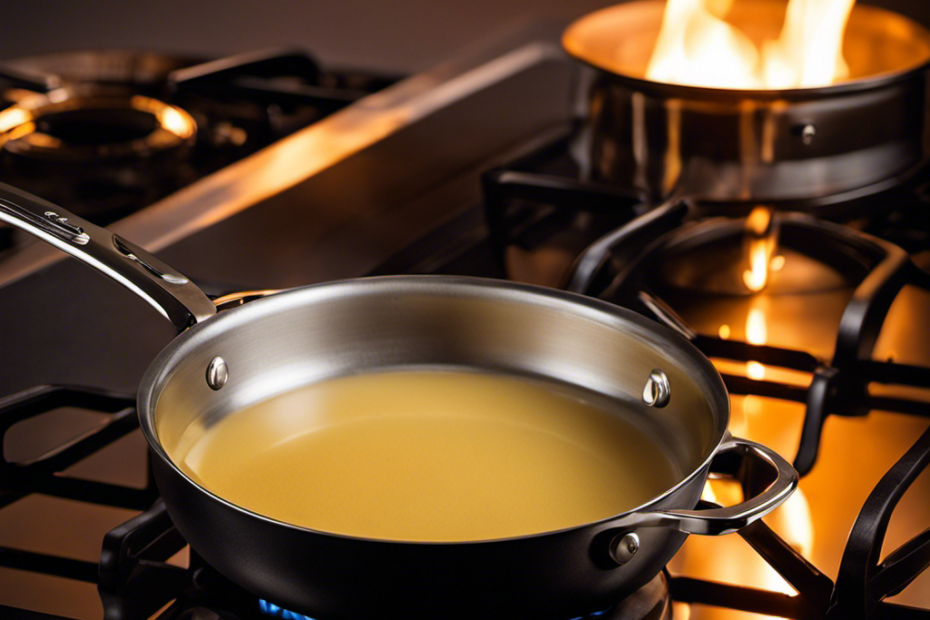 An image of a small saucepan on a stovetop, with a gentle flame flickering underneath