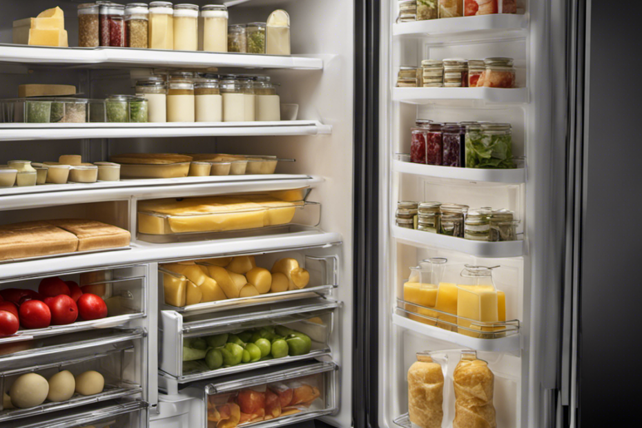 An image showcasing a refrigerator with a neatly organized dairy compartment