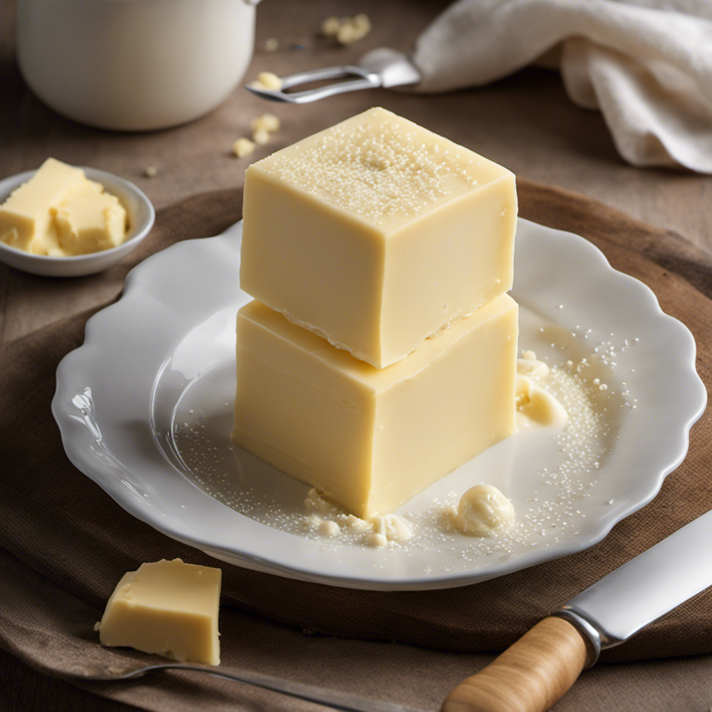 An image showcasing a close-up view of a block of smooth, creamy butter nestled in a butter dish, surrounded by a faint halo of moisture droplets, with a delicate butter knife resting gently beside it