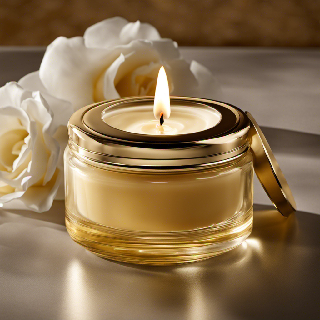 An image showcasing a transparent glass jar filled with smooth, golden liquid shea butter, surrounded by a warm glow