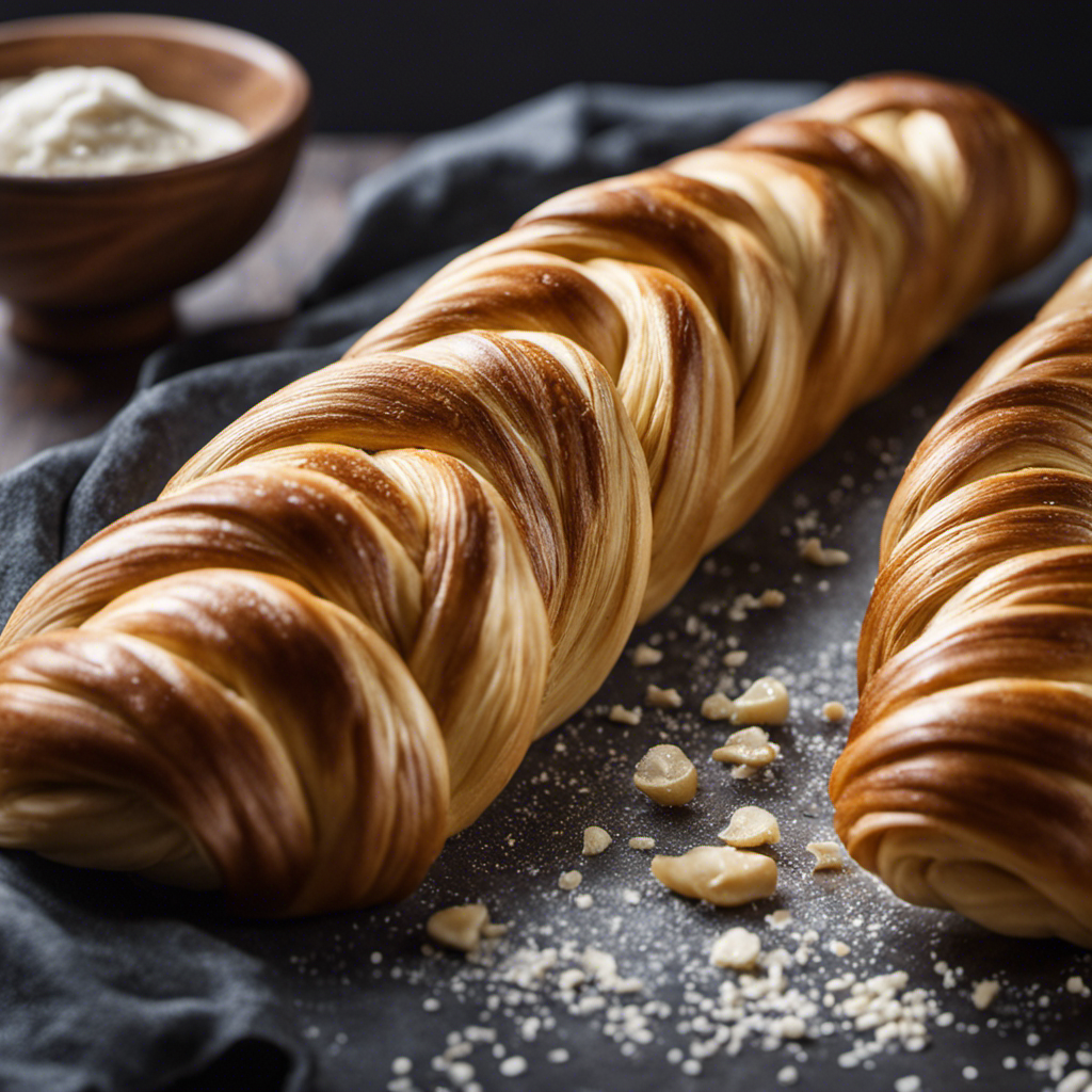 An image that captures the step-by-step process of braiding buttery dough: a pair of hands gently stretching and weaving long strands of dough, revealing intricate layers, a golden glaze glistening on top
