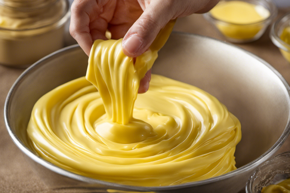 An image showcasing the step-by-step process of making butter slime: a close-up shot of hands mixing yellow slime base with soft clay, then adding melted butter, gradually resulting in a smooth, glossy, and stretchy slime