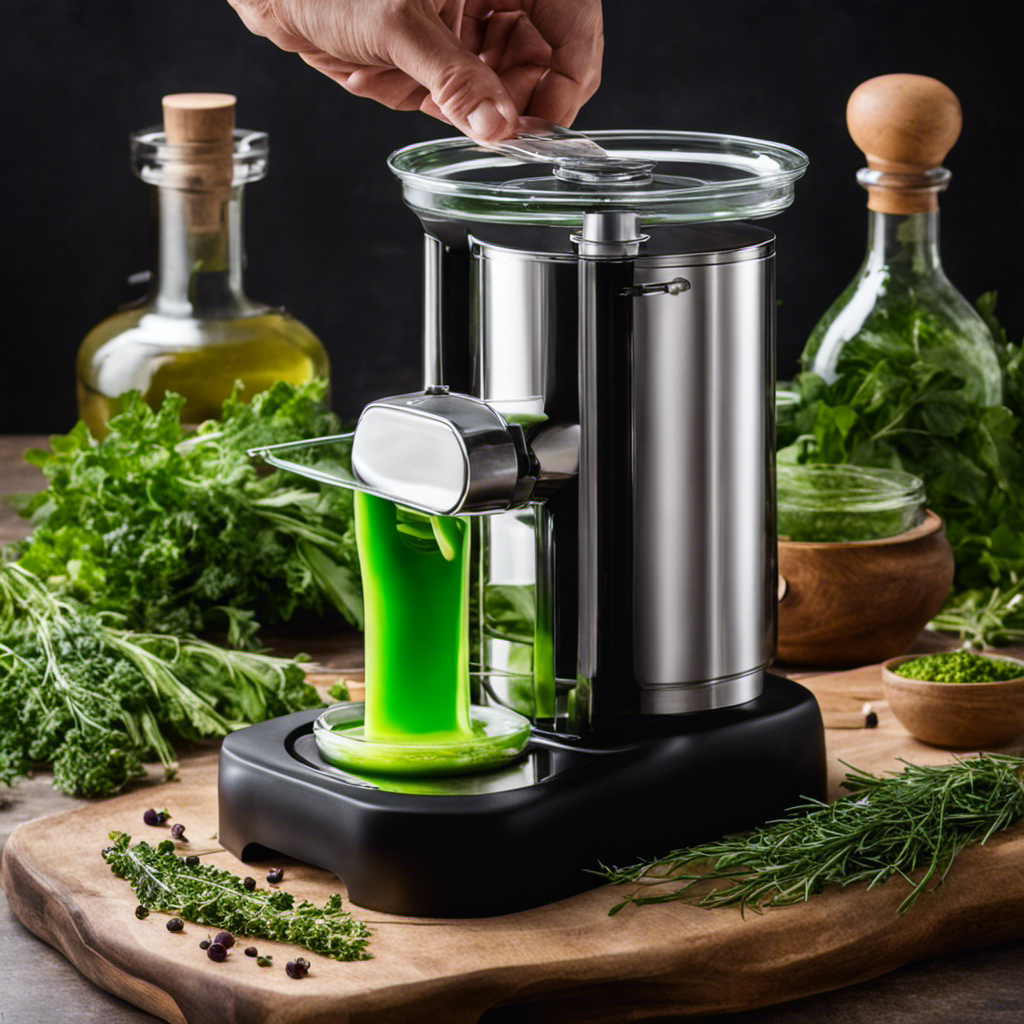 An image of the magical butter machine in action: vibrant green herbs and botanicals swirling in a glass jar, as the machine gently processes them into a potent alcohol tincture