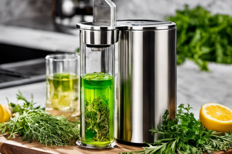 An image showcasing the Magical Butter Machine Herbal Infuser (MB2e) in action: vibrant green herbs immersed in clear alcohol, swirling together within the sleek, stainless steel container, evoking the essence of homemade tinctures