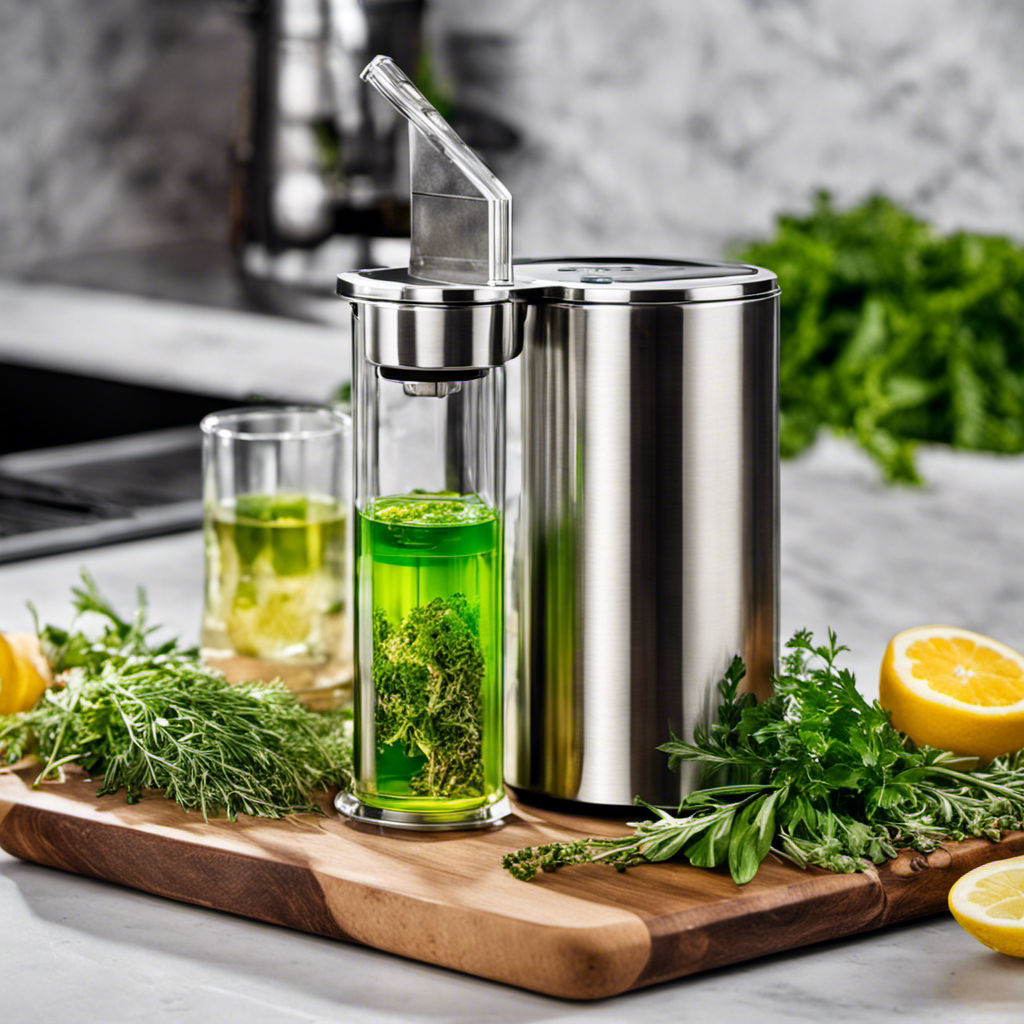 An image showcasing the Magical Butter Machine Herbal Infuser (MB2e) in action: vibrant green herbs immersed in clear alcohol, swirling together within the sleek, stainless steel container, evoking the essence of homemade tinctures