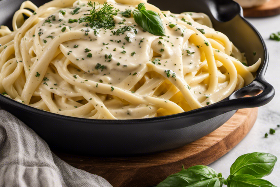 An image showcasing a luscious, creamy Alfredo sauce simmering in a skillet, rich with the flavors of Parmesan cheese, garlic, and freshly ground black pepper, all without a trace of butter
