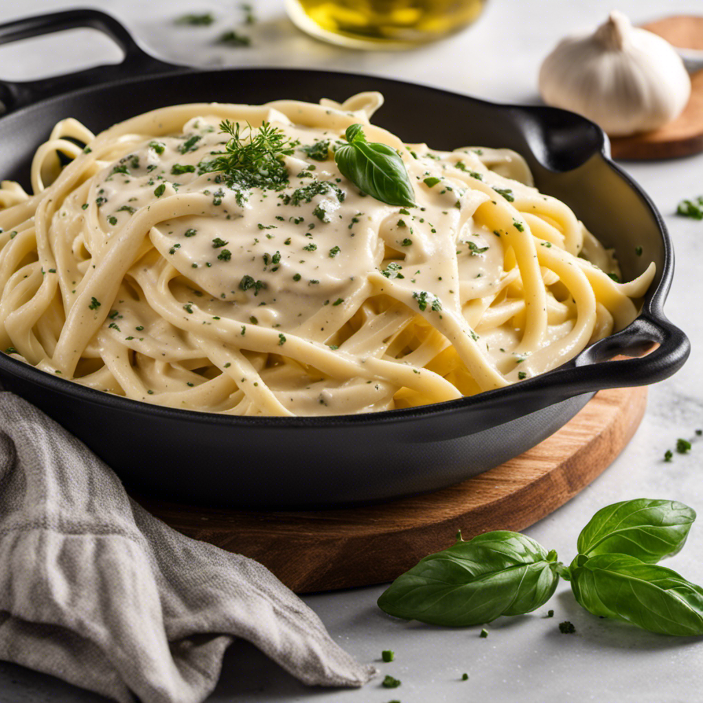 An image showcasing a luscious, creamy Alfredo sauce simmering in a skillet, rich with the flavors of Parmesan cheese, garlic, and freshly ground black pepper, all without a trace of butter