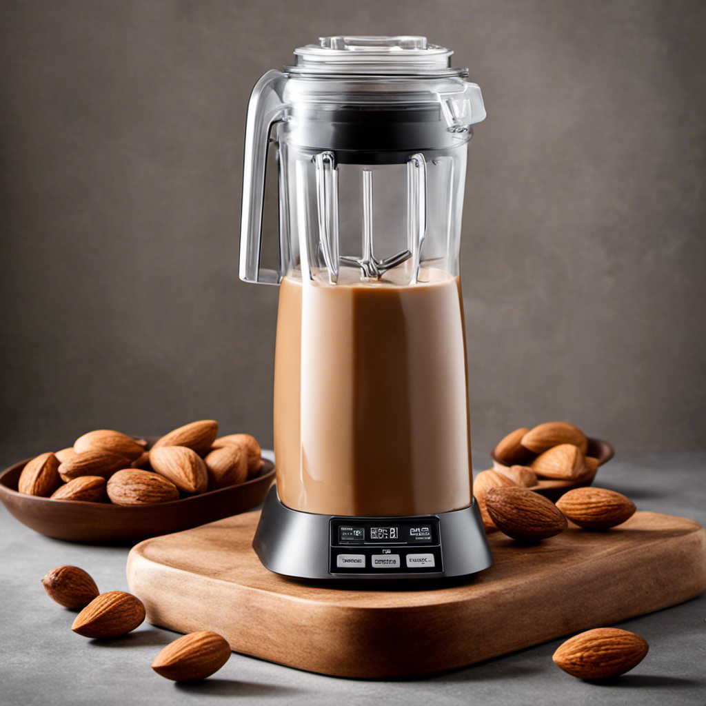 An image showcasing the step-by-step process of making almond butter in a Vitamix: Whole almonds pouring into the blender, blending into a smooth consistency, and finally, creamy almond butter filling a jar