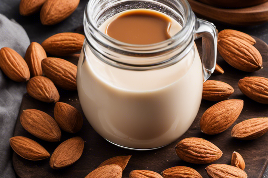 An image showcasing the creamy transformation of almond butter into homemade almond milk, capturing the process from blending soaked almonds with water to straining the silky liquid through a nut milk bag