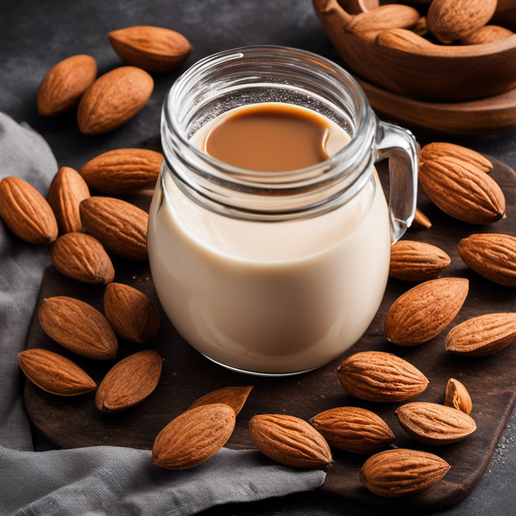 An image showcasing the creamy transformation of almond butter into homemade almond milk, capturing the process from blending soaked almonds with water to straining the silky liquid through a nut milk bag