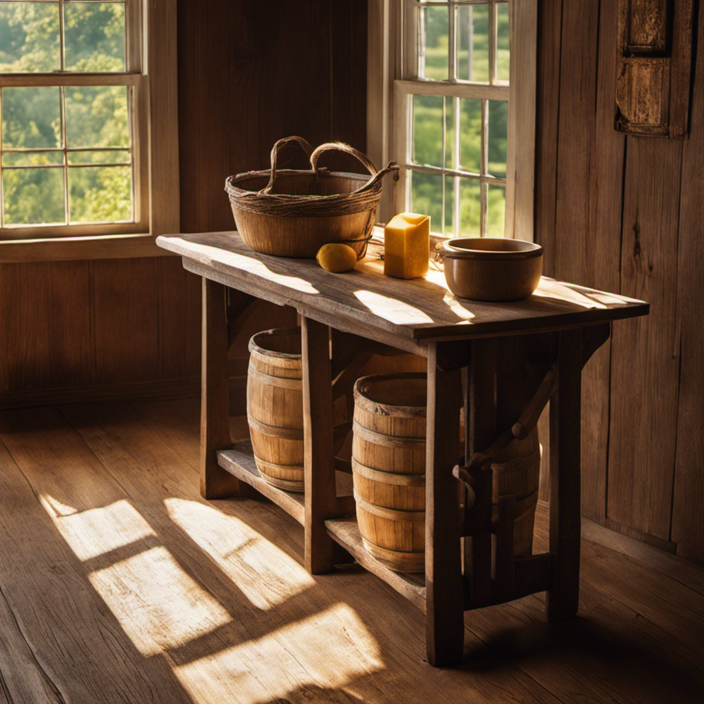 An image capturing the serene charm of an Amish kitchen: a wooden churn sits atop a worn farmhouse table, dappled sunlight streaming through lace curtains, as a woman clad in a simple dress lovingly hand-churns fresh cream into golden, velvety Amish butter
