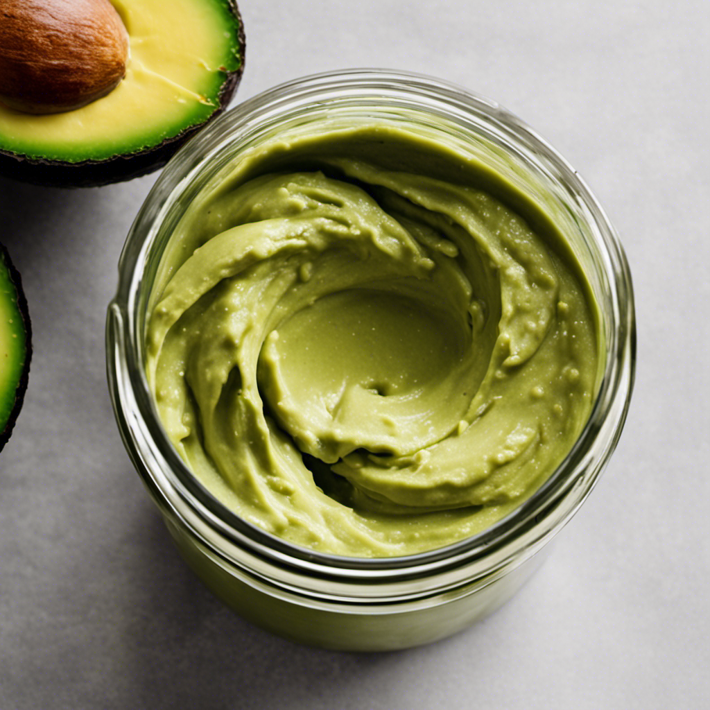 An image showcasing the step-by-step process of making avocado butter: a ripe avocado being halved, pit removed, flesh scooped out, blended into a smooth green paste, and finally, transferred into a jar