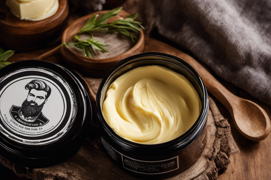 An image showcasing the step-by-step process of making beard butter: a close-up of melting shea butter, a blending of essential oils, and a final jar filled with silky, nourishing butter