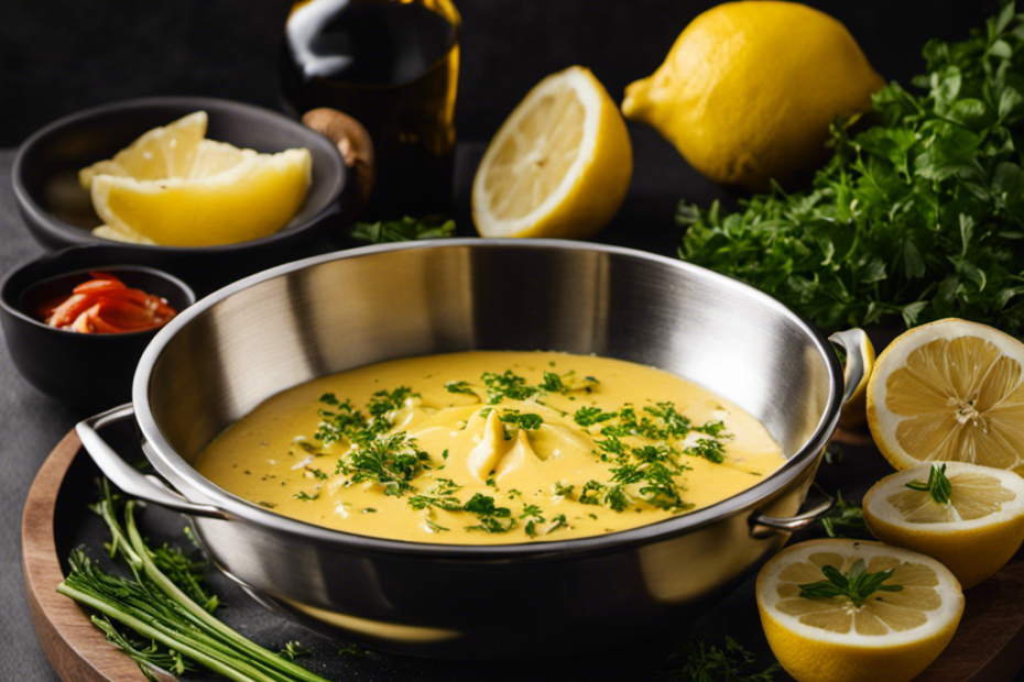 An image featuring a close-up shot of a stainless steel bowl filled with creamy, golden garlic butter