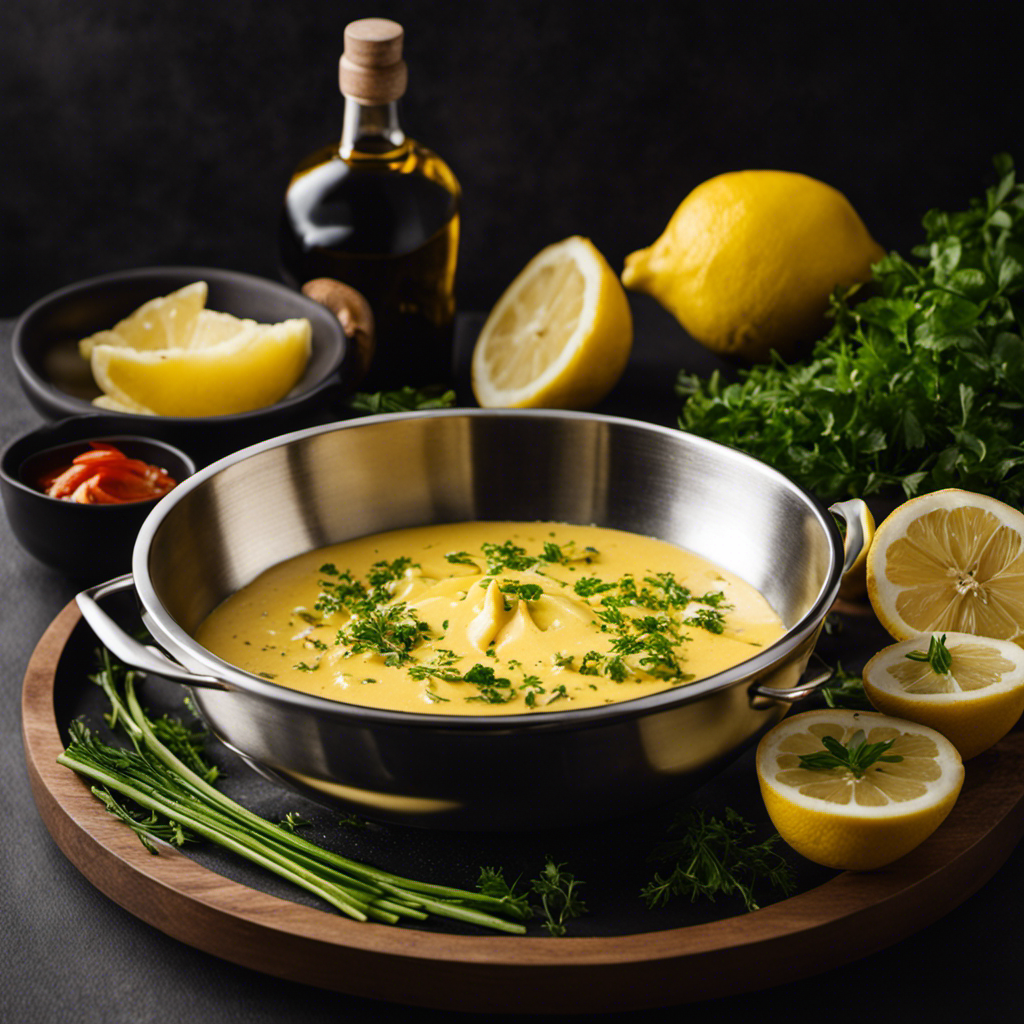 An image featuring a close-up shot of a stainless steel bowl filled with creamy, golden garlic butter