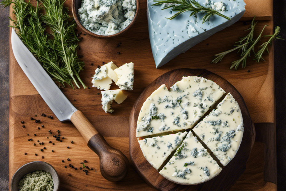 An image showcasing a rustic wooden cutting board with a pat of creamy blue cheese butter, surrounded by crumbled blue cheese, freshly cracked black pepper, and sprigs of fresh thyme