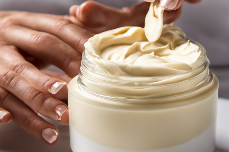 An image showcasing a pair of hands gently blending rich, velvety body butter into the skin, effortlessly absorbing without leaving any residue