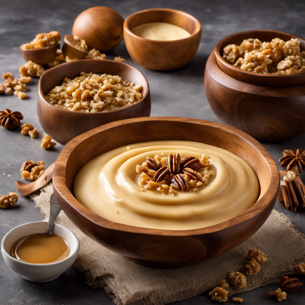 An image showcasing a rustic wooden bowl filled with smooth, creamy brown sugar butter, glistening with hints of golden caramel