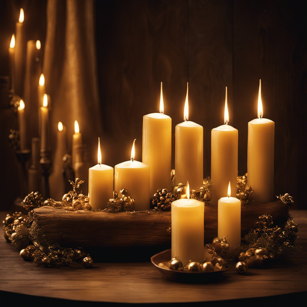 An image featuring a serene, dimly lit room with a rustic wooden table adorned with a cluster of shimmering butter candles