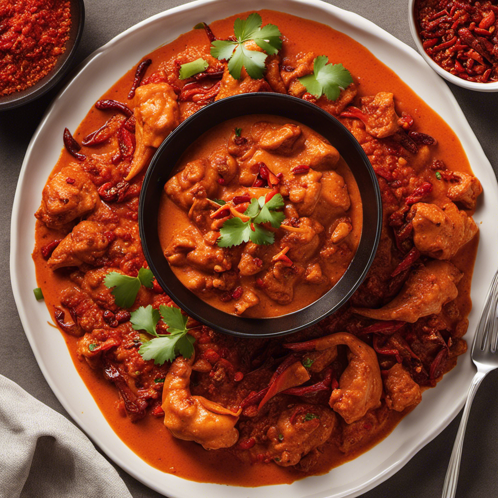 An image showcasing a steaming plate of butter chicken adorned with vibrant red chili flakes