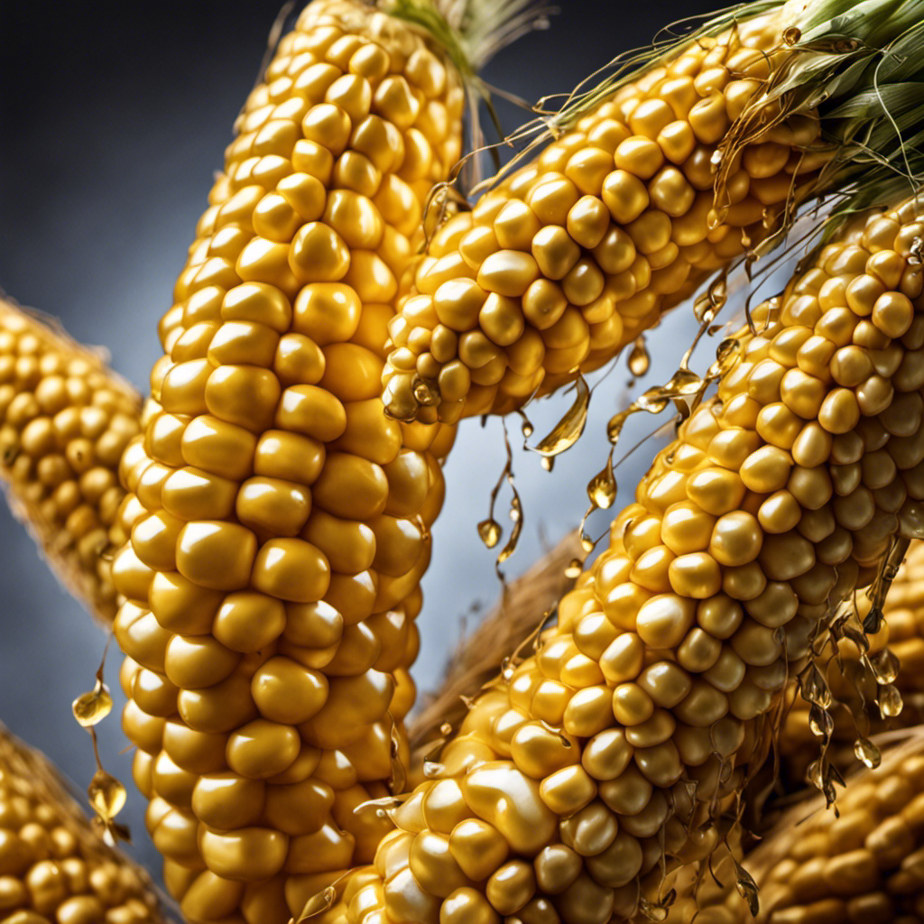 -up shot of a golden ear of corn, glistening with melted butter cascading down its plump kernels