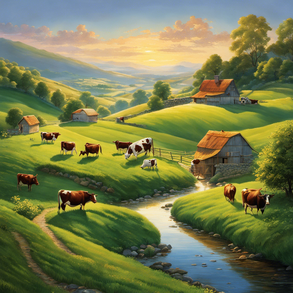 An image of a serene, picturesque valley at dawn, its rolling green hills dotted with cows happily grazing