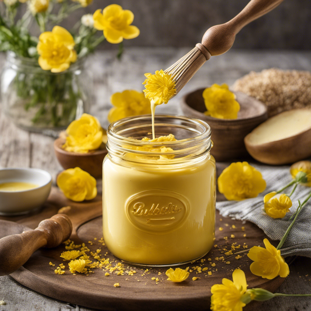 An image showcasing the process of making butter extract: depict a mason jar filled with creamy butter, surrounded by fresh, golden buttercups