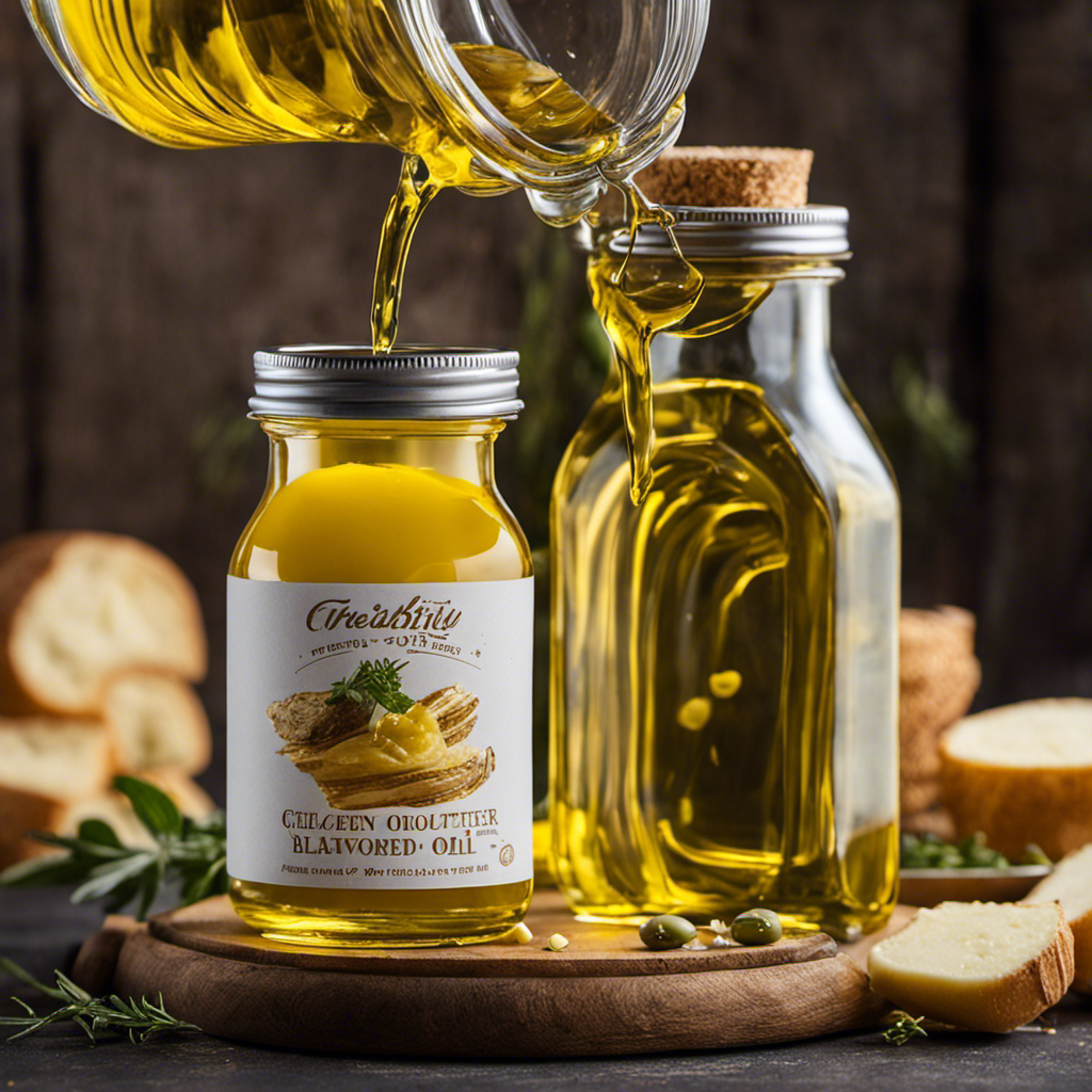 An image showcasing the process of making butter-flavored oil: a transparent glass jar filled with melted golden butter, pouring into a clear bottle of light olive oil