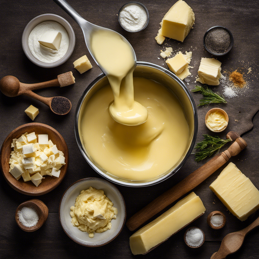 An image showcasing the process of making butter-flavored shortening: a mixing bowl filled with creamy shortening, a stick of butter being melted, the melted butter being slowly poured into the bowl, and the ingredients being blended together until smooth
