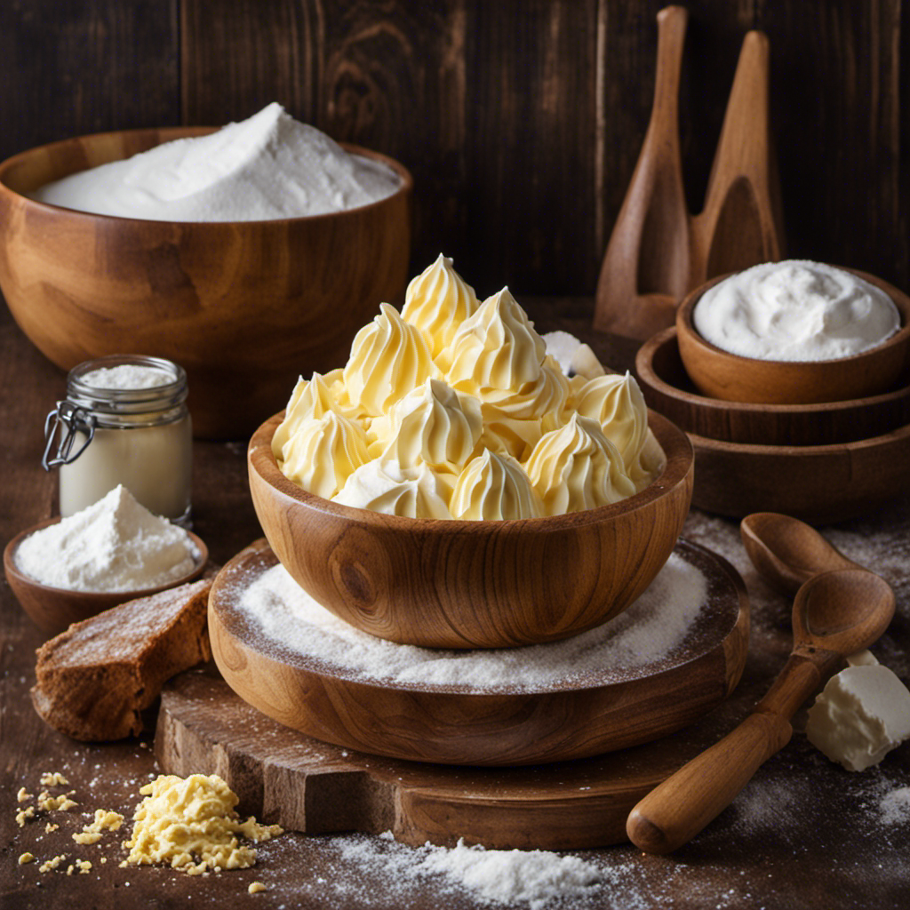 An image showcasing a wooden bowl filled with creamy, pale yellow butter