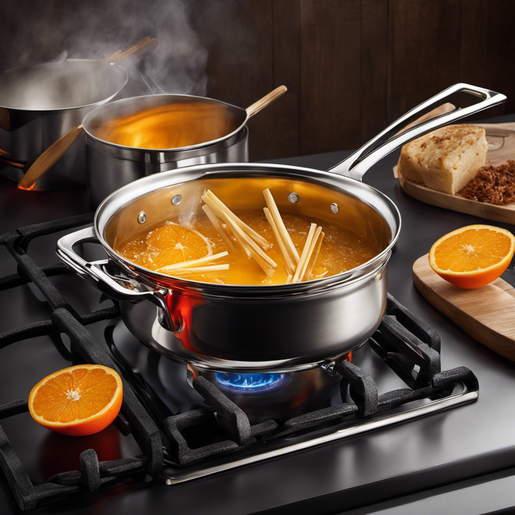 An image showcasing a gleaming silver saucepan on a stovetop, with a vibrant orange flame beneath