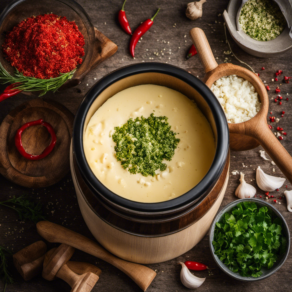 -up image of a wooden butter churn with a handle, filled with freshly churned creamy butter, surrounded by crushed red pepper flakes, minced garlic, and chopped parsley, ready to be mixed for a flavorful crab dipping sauce