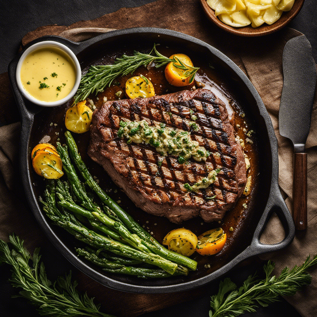 Head shot of a sizzling steak on a hot grill, with a pat of homemade garlic herb butter slowly melting on top, creating a glistening golden pool of savory goodness