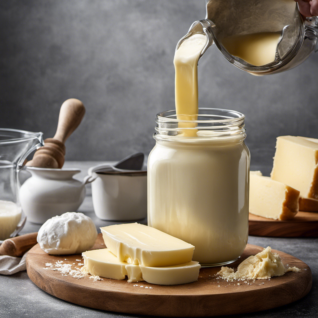 An image that showcases the step-by-step process of making butter using half and half: pouring the cream into a jar, shaking it vigorously, watching as the cream separates into butter and buttermilk