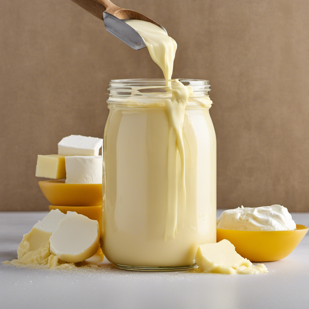 An image showcasing the step-by-step process of making butter in a jar: a glass jar filled with creamy, white heavy cream; vigorous shaking motion with a golden-yellow blob forming amidst the liquid; final separation of a lump of butter and leftover buttermilk
